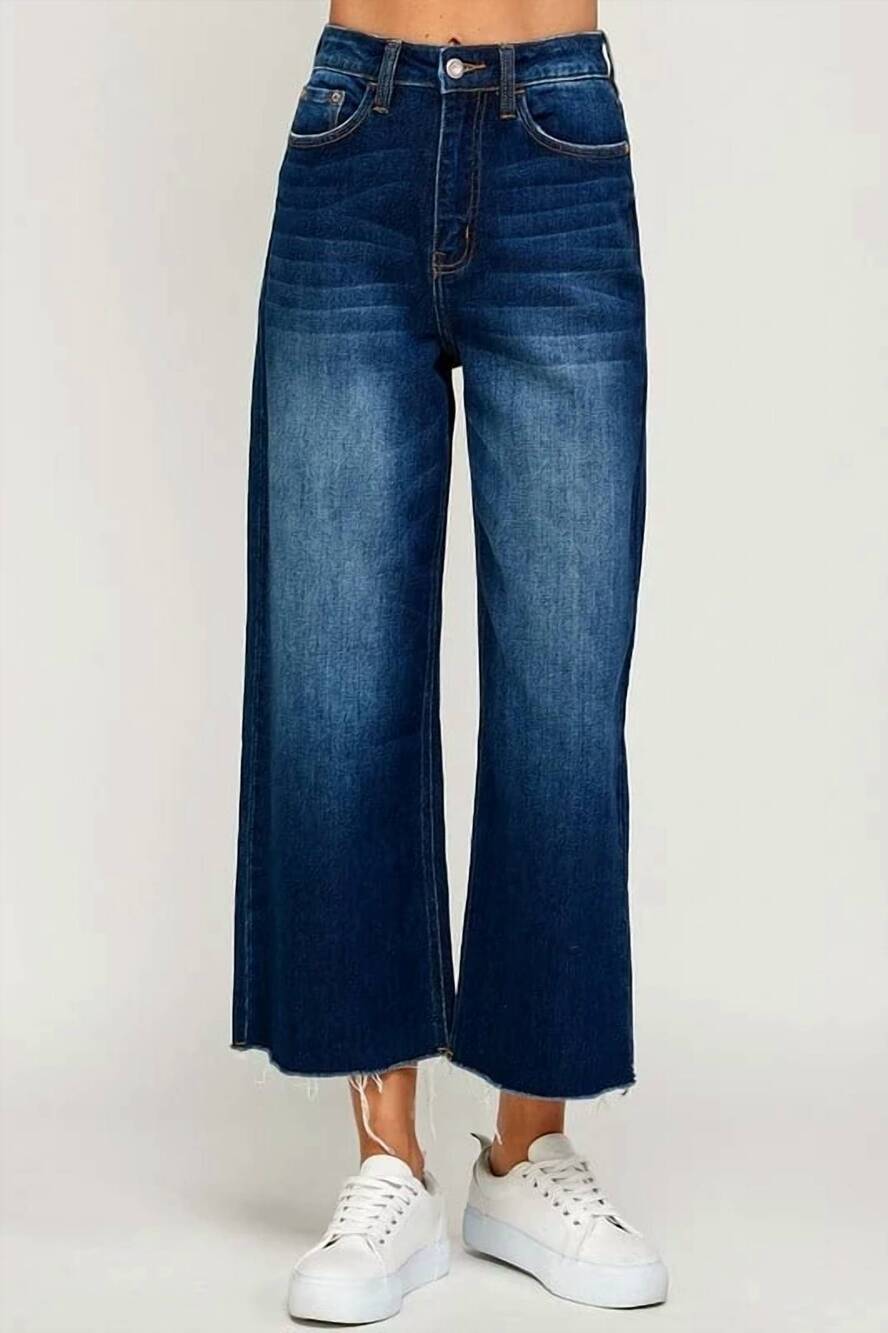 NEW I&M JEANS wide leg cropped jeans with raw hem in dark blue